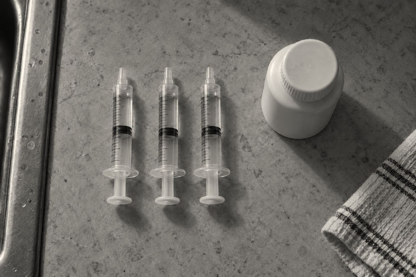 Three oral syringes filled with liquid medicine and a white medicine bottle on a kitchen counter, in black and white.