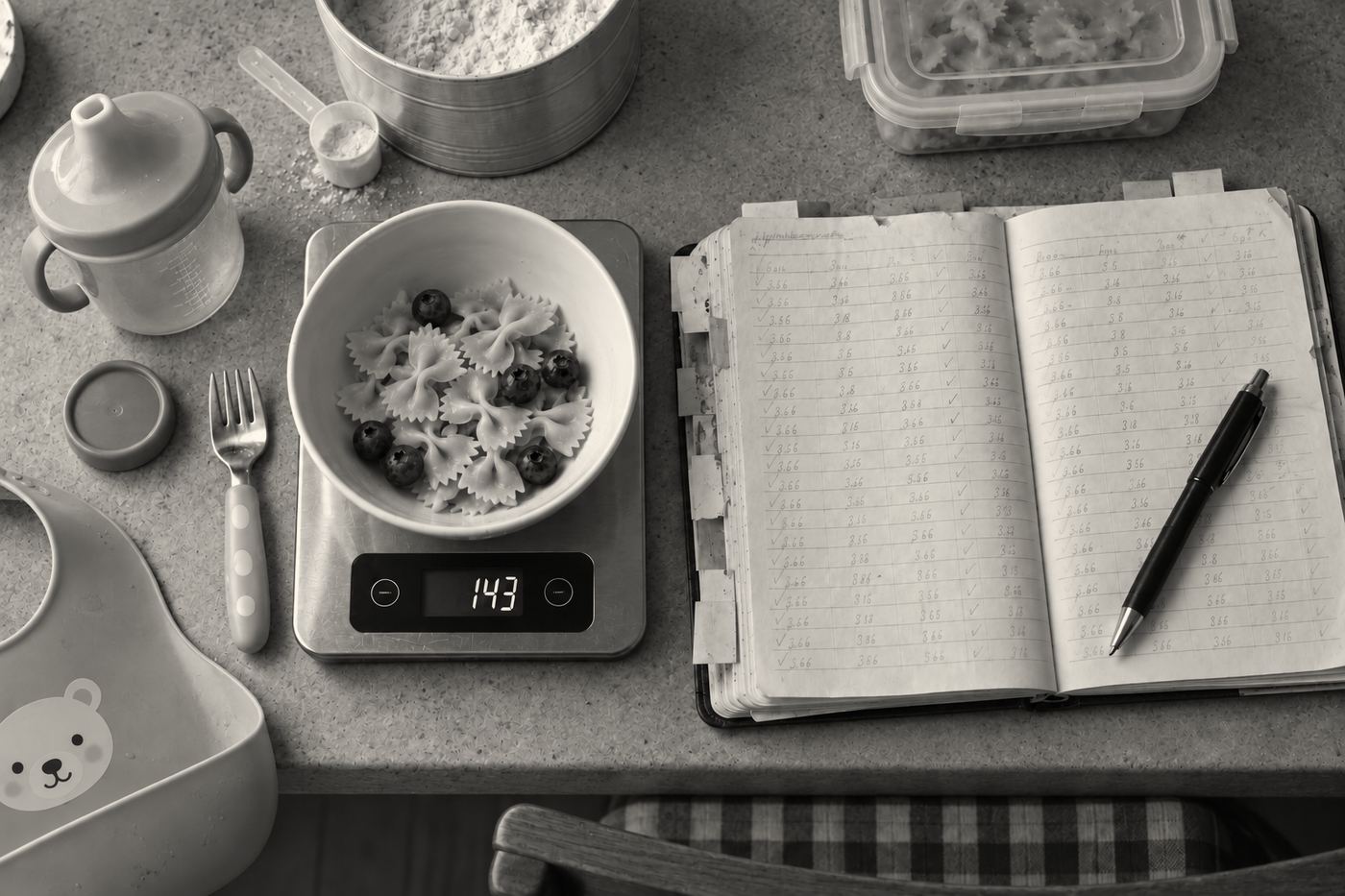 A bowl of pasta and blueberries on a digital kitchen scale beside a handwritten food log, in black and white.